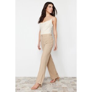 Trendyol Light Brown Straight/Straight Fit High Waist Ribbed Stitched Woven Trousers