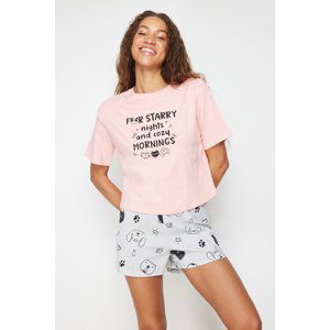 Trendyol Pink-Grey 100% Cotton Motto Printed Knitted Pajamas Set