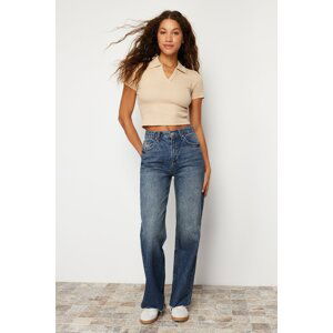 Trendyol Dark Blue More Sustainable Leg Detail High Waist Wide Leg Jeans