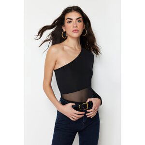 Trendyol Black Tulle Detail Fitted/Situated Asymmetric Collar Snap-On Flexible Knitted Bodysuit