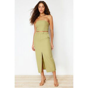 Trendyol Khaki Premium Straight Midi Length Knitted Skirt With Front Slit