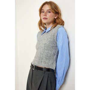 Happiness İstanbul Women's Blue Gray Polo Collar Sweater Striped Shirt