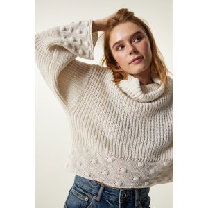 Happiness İstanbul Women's Cream Turtleneck Textured Seasonal Knitwear Sweater