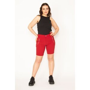 Şans Women's Large Size Claret Red Lycra Bengalin Fabric Zipper Detailed Shorts