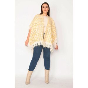 Şans Women's Plus Size Yellow Shawl Pattern Tassel And Silvery Detailed Thick Knitwear Poncho