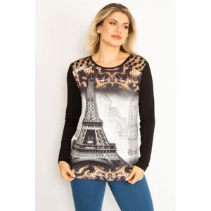 Şans Women's Plus Size Black Shoulder Robe Lace Stone And Print Detailed Tunic