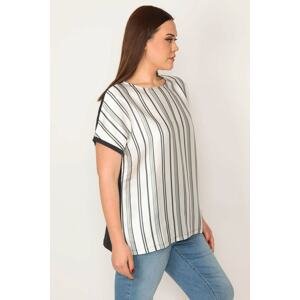 Şans Women's Plus Size Navy Blue Front Striped Satin Fabric Back Viscose Low Sleeve Blouse