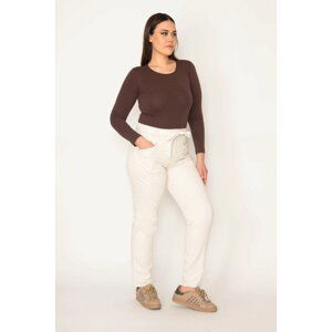 Şans Women's Large Size Bone Linen Woven Pants with Waist Belt and Staple Detail