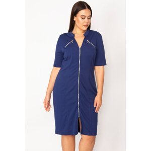 Şans Women's Plus Size Navy Blue Zipper Detailed Dress