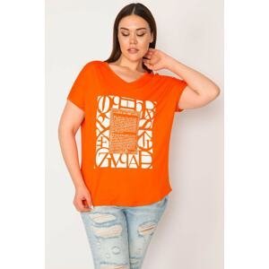 Şans Women's Plus Size Orange V-Neck Front Print And Stone Detailed Short Sleeve Blouse