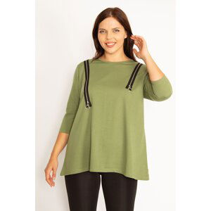 Şans Women's Plus Size Khaki Ornamental Zippered Sweatshirt