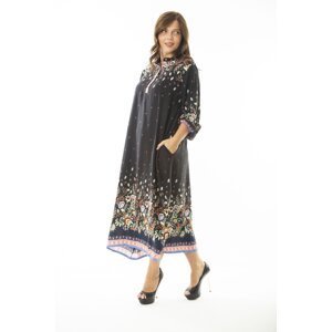 Şans Women's Plus Size Black Woven Viscose Fabric Long Sleeve Dress with Front Pat and Button