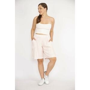 Şans Women's Pink Plus Size Striped Linen Woven Fabric Elastic Waist Pocket Shorts