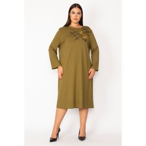 Şans Women's Plus Size Khaki Embroidery And Sequin Detailed Long Sleeve Dress