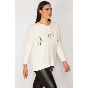 Şans Women's Plus Size Bone Front Detail Knitwear Blouse