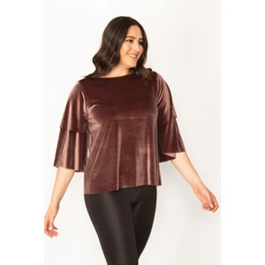 Şans Women's Plus Size Mink Pearl Velvet Blouse with Voluminous Sleeves