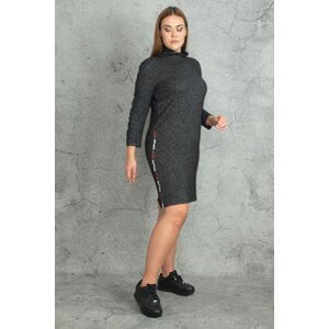 Şans Women's Plus Size Anthracite Half Turtleneck Side Stripe Detailed Dress