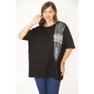 Şans Women's Plus Size Black Front Printed Crew Neck Blouse