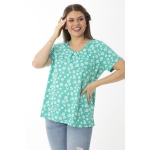 Şans Women's Plus Size Green Cotton Fabric Collar Gathered Detailed Patterned Blouse