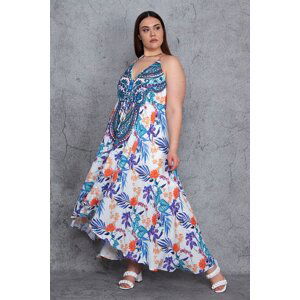 Şans Women's Plus Size Multicolored Low-Cut Back Stone Detailed Lined Asymmetrical Dress