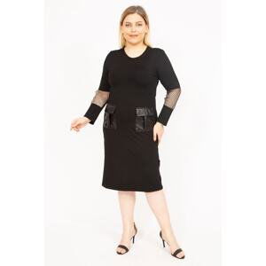 Şans Women's Black Plus Size Sleeve Mesh Detailed Faux Leather Pocket Dress
