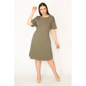 Şans Women's Plus Size Khaki Crew Neck Short Sleeve Waist Belted Dress