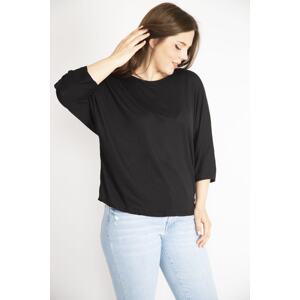 Şans Women's Black Plus Size Crew Neck Capri Sleeve Blouse