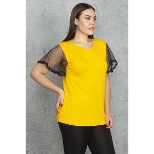 Şans Women's Large Size Yellow Lace Detailed Blouse