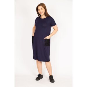 Şans Women's Navy Blue Large Size Pocket Mesh Detailed Short Sleeve Viscose Dress