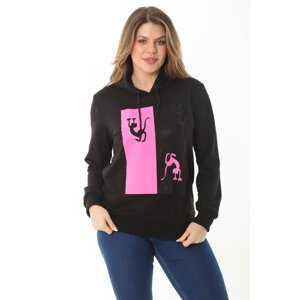 Şans Women's Plus Size Pink Stone And Print Detail Hooded Sweatshirt
