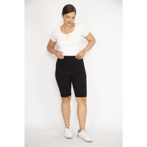 Şans Women's Black Plus Size Wide Belt Knitted Viscose Fabric Shorts