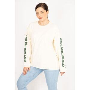 Şans Women's Beige Plus Size Sleeve Printed Sweatshirt