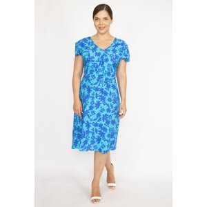 Şans Women's Blue Large Size Woven Viscose Fabric Collar Flounce Dress