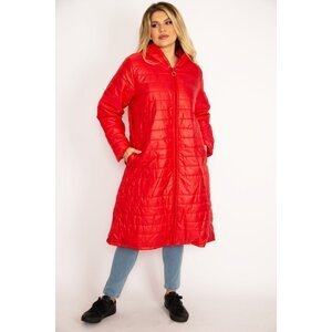 Şans Women's Plus Size Red Quilted Puff Coat With Zipper And Pockets