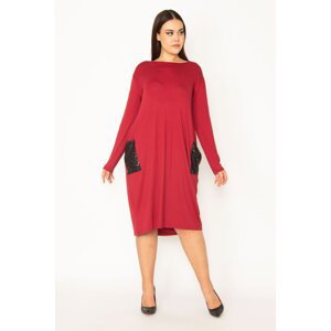Şans Women's Plus Size Claret Red Pocket Sequin Detailed Viscose Dress
