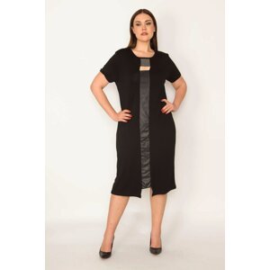 Şans Women's Plus Size Black Stone And Collar Detailed Faux Leather Garnish Viscose Dress
