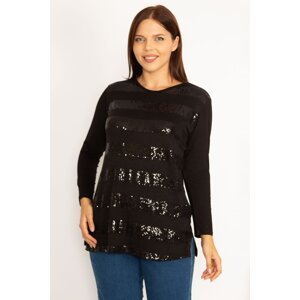 Şans Women's Plus Size Black Blouse with Sequin Detailed and Long Sleeves on the Front