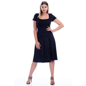 Şans Women's Large Size Navy Blue Square Collar Pleated Dress