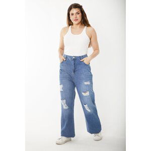 Şans Women's Plus Size Blue Ripped Detail High Waist Wide Leg Jeans