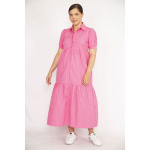 Şans Women's Plus Size Pink Poplin Fabric Front Length Buttoned Dress