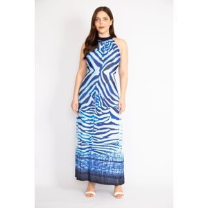 Şans Women's Blue Large Size Colorful Jersey Long Dress