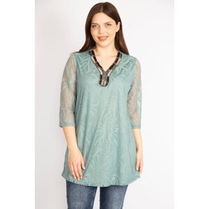 Şans Women's Green Plus Size Collar Lined Lace Blouse with Beads And Stone Embroidered