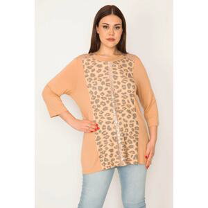 Şans Women's Large Size Mink Sequin Detailed Leopard Print Blouse
