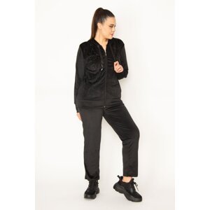 Şans Women's Black Pearl Velvet Zipper Detail With Stones In The Front, Hooded Sweatshirt and Pants Set