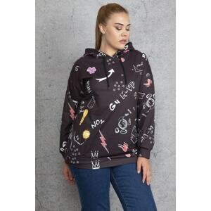 Şans Women's Large Size Black Front Printed Hooded Sweatshirt