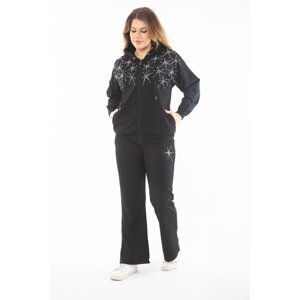 Şans Women's Plus Size Black Stone Detailed Front Zipper Hooded Sweatshirt Trousers Double Suit