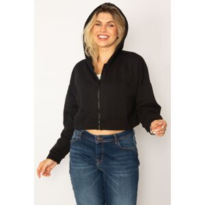 Şans Women's Plus Size Black Hoodie with Zipper Short Sweatshirt