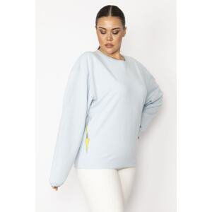 Şans Women's Plus Size Blue Cotton Fabric Crew Neck Print Detail Sweatshirt