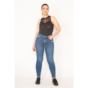 Şans Women's Plus Size Blue Ripped Detailed 5 Pocket Lycra Skinny Jeans