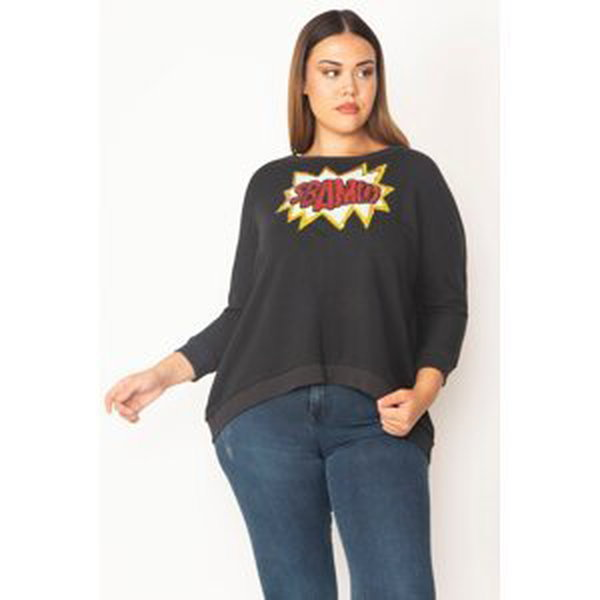 Şans Women's Plus Size Black Sequin Detailed Sweatshirt